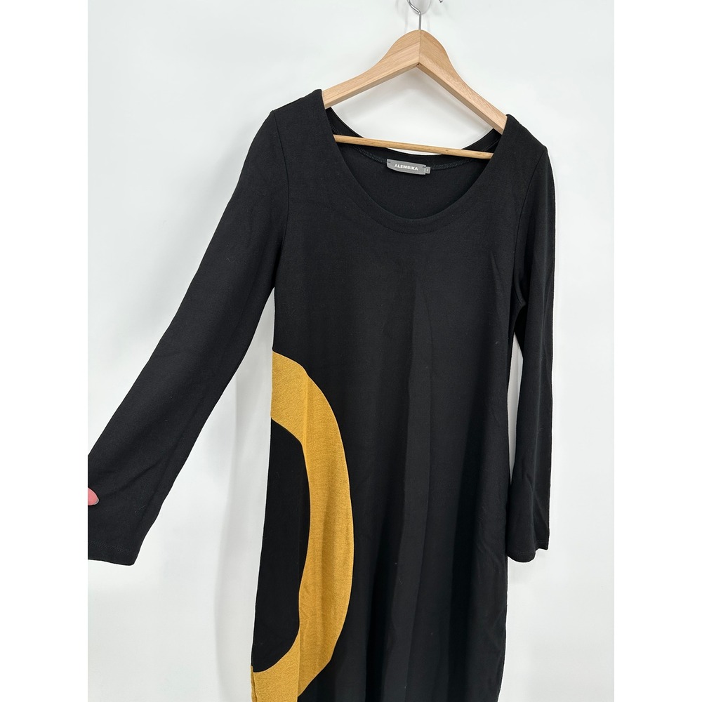 Alembika Black Gold Abstract Circle Lagenlook Cocoon Midi Dress Size 4 US 10-12 - Picture 2 of 5